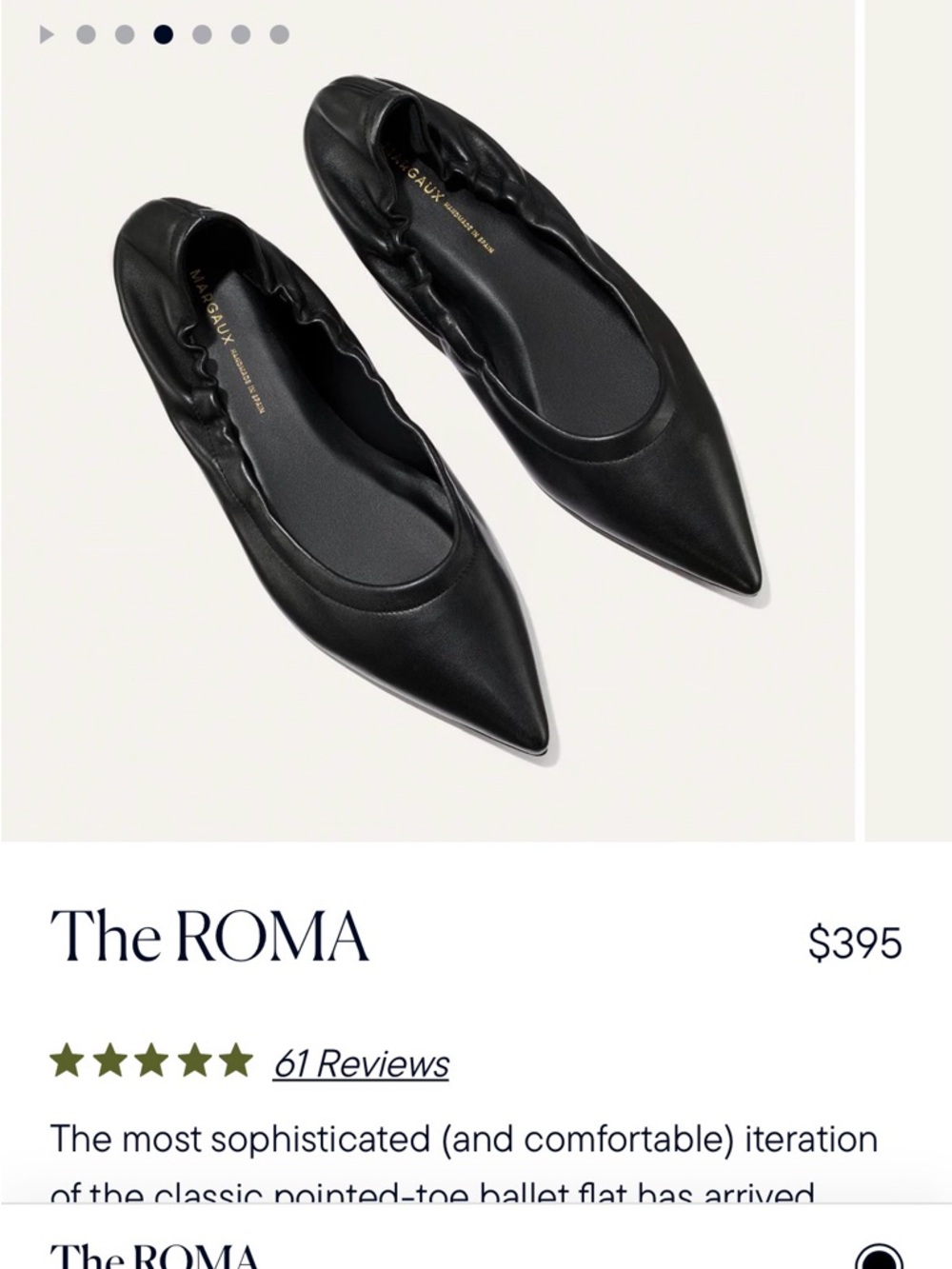 Margaux ROMA Pointed-Toe Ballet Flat in Black Leather (Never Worn) Size 8